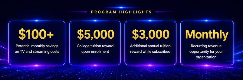 Program Highlights | $100+ Potential monthly savings on TV and streaming costs | $5,000 College tuition reward upon enrollment | $3,000 Additional annual tuition reward while subscribed | Monthly - Recurring revenue opportunity for your organization